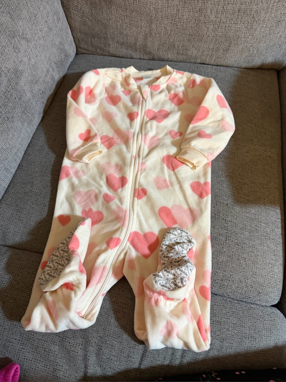 Cream and Pink Heart Fleece One-Piece Sleepwear for Kids
